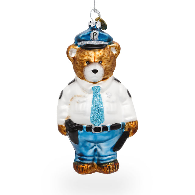 Heroic Police Bear - Blown Glass Christmas Ornament in Multi color,  shape