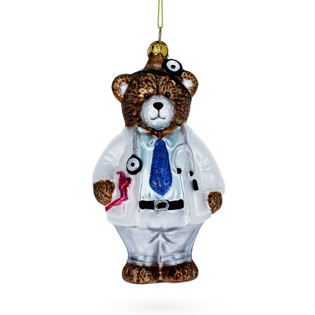 Caring Doctor Bear - Blown Glass Christmas Ornament in Multi color,  shape