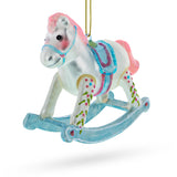 Baby Boy's Blue Rocking Horse Blown Glass Christmas Ornament in White color