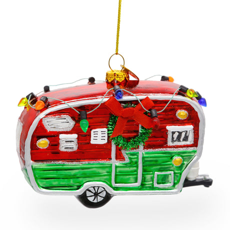 Festive Camper Trailer with Lights - Blown Glass Christmas Ornament in Multi color,  shape
