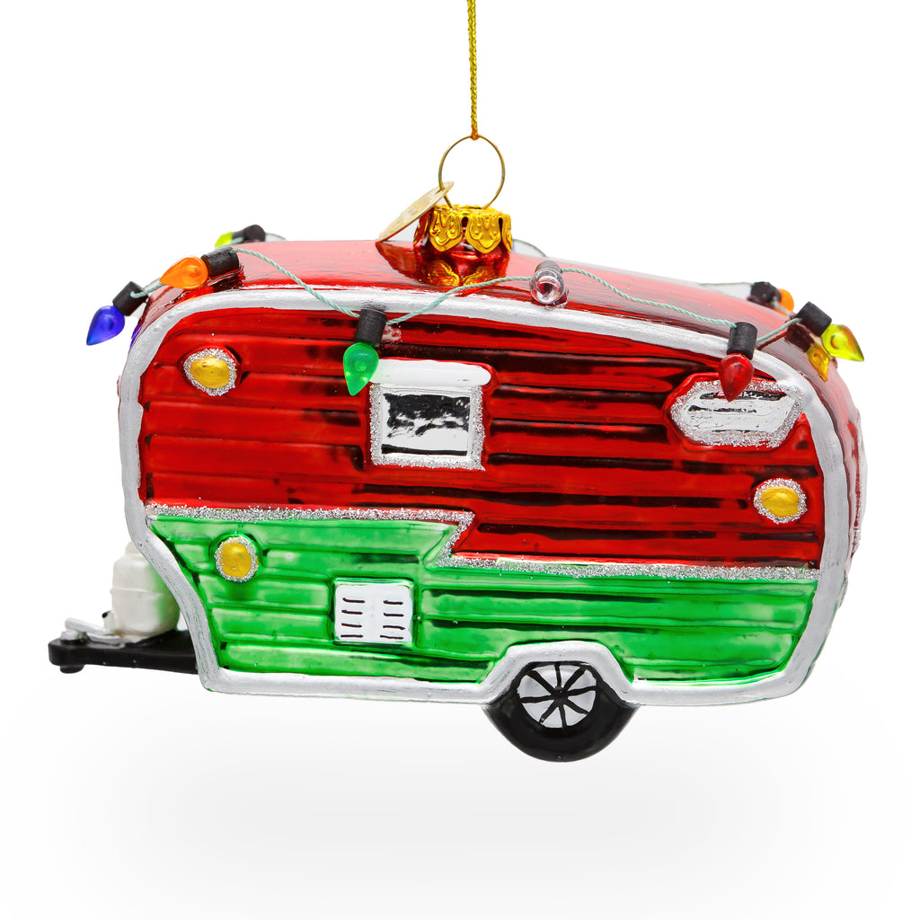 Festive Camper Trailer with Lights Glass Christmas OrnamentChina , dimensions in inches: 4.7 x 3.6 x 2.4