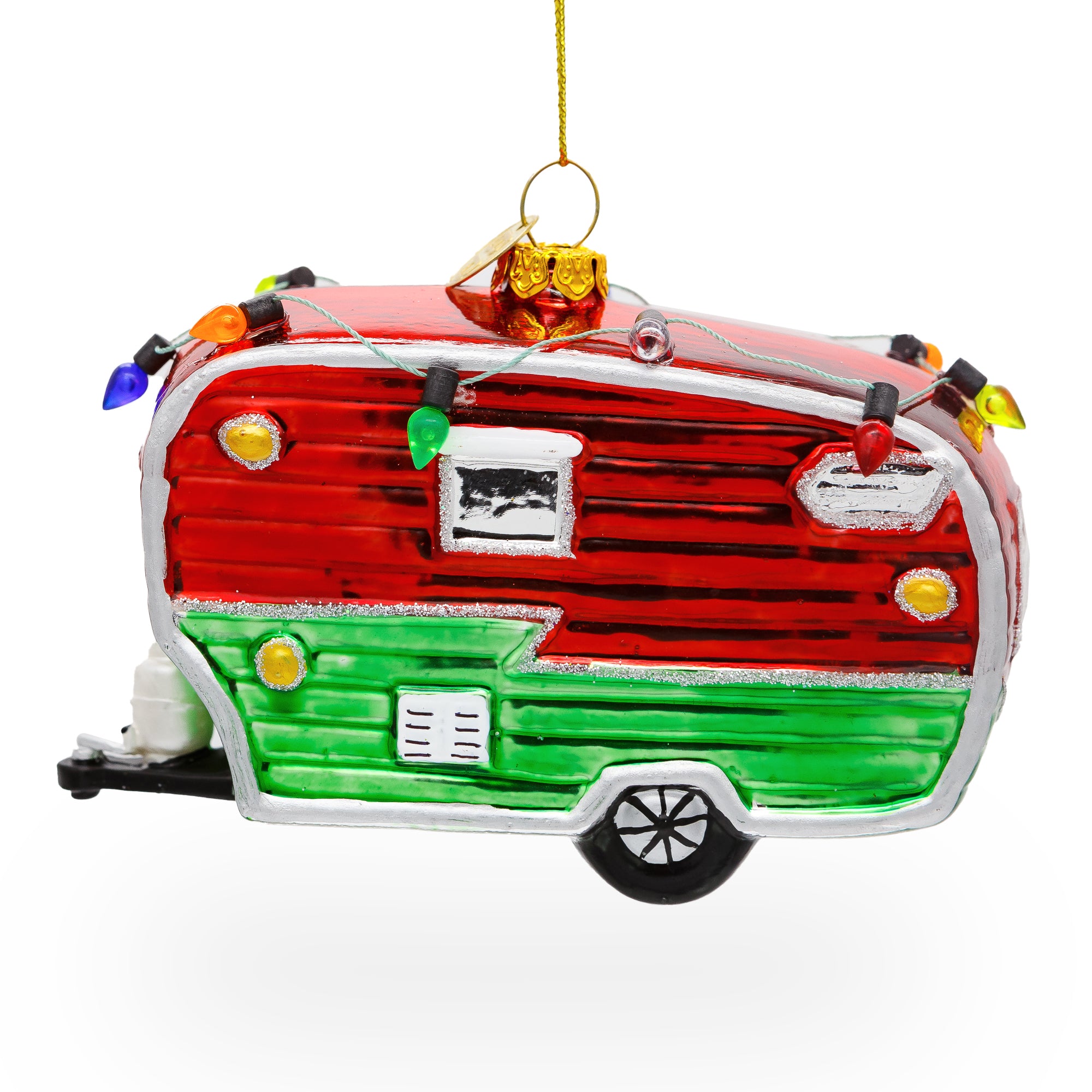 Festive Camper Trailer with Lights Glass Christmas OrnamentChina , dimensions in inches: 4.7 x 3.6 x 2.4