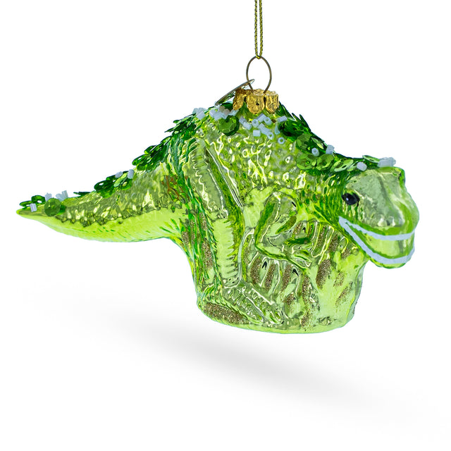 Playful Green Dinosaur with Beads - Blown Glass Christmas Ornament in Green color,  shape