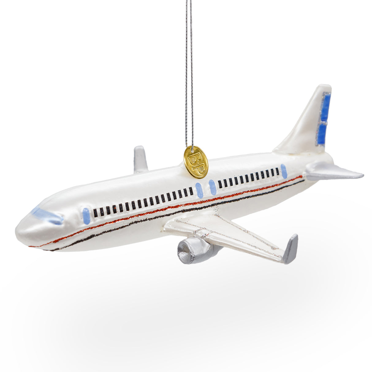Passenger Jet Airplane - Blown Glass Christmas Ornament in White color,  shape