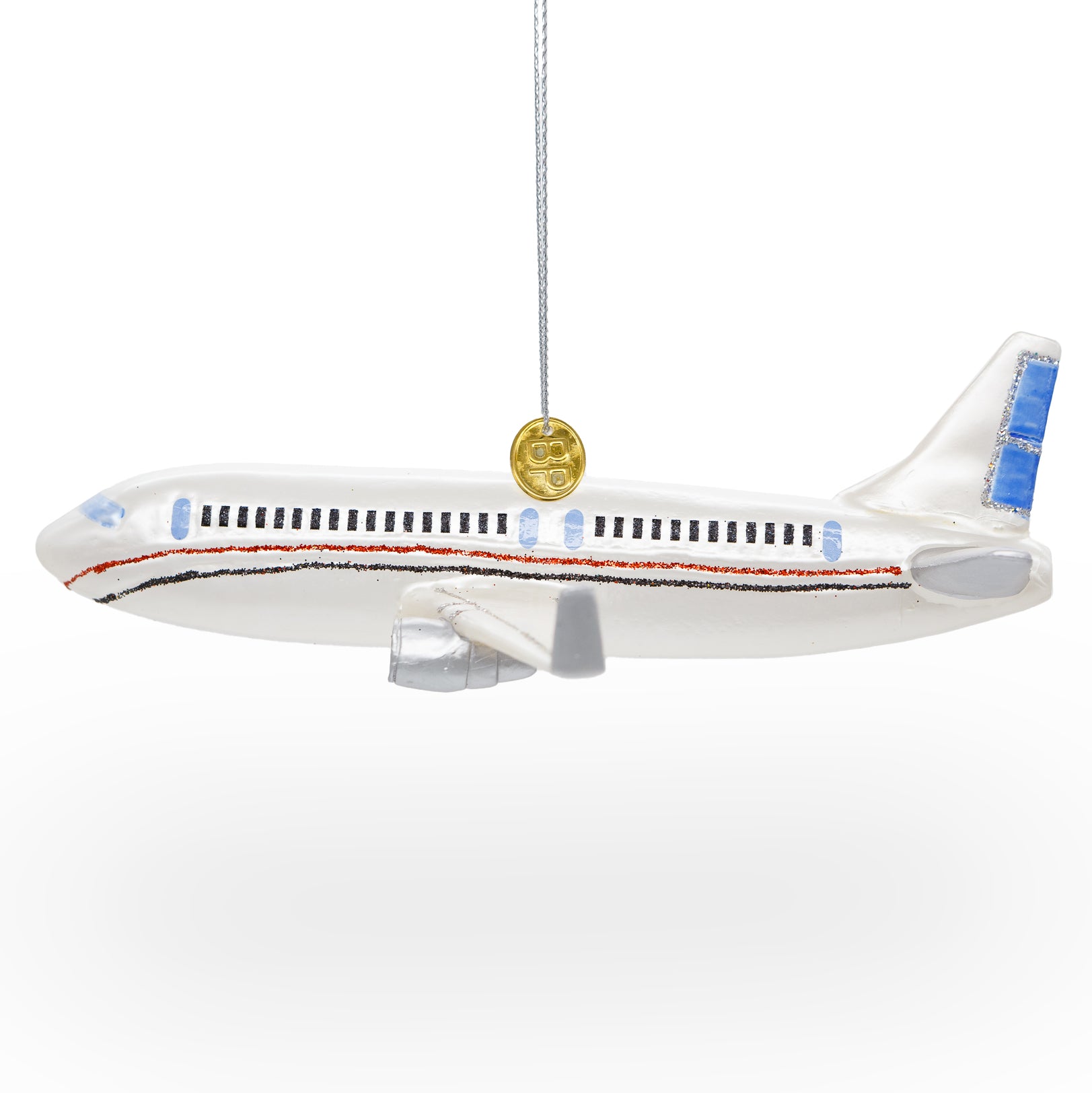 Passenger Jet Airplane Blown Glass Christmas OrnamentChina , dimensions in inches: 6.5 x 4.8 x 1.5