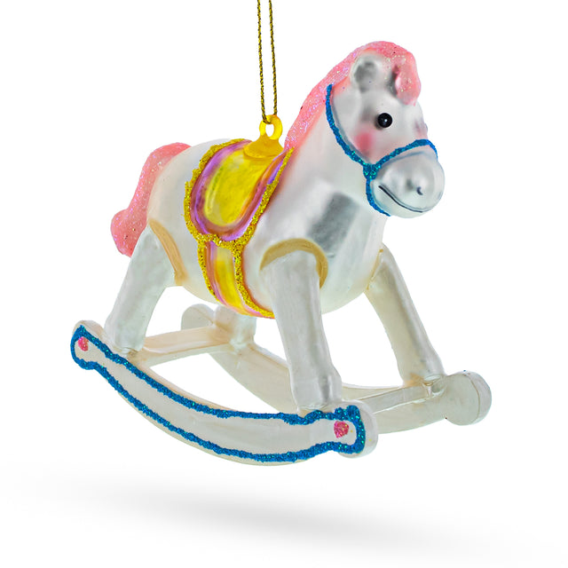 Glass Baby Girl's Pink Rocking Horse - Lovable Blown Glass Christmas Ornament in White color