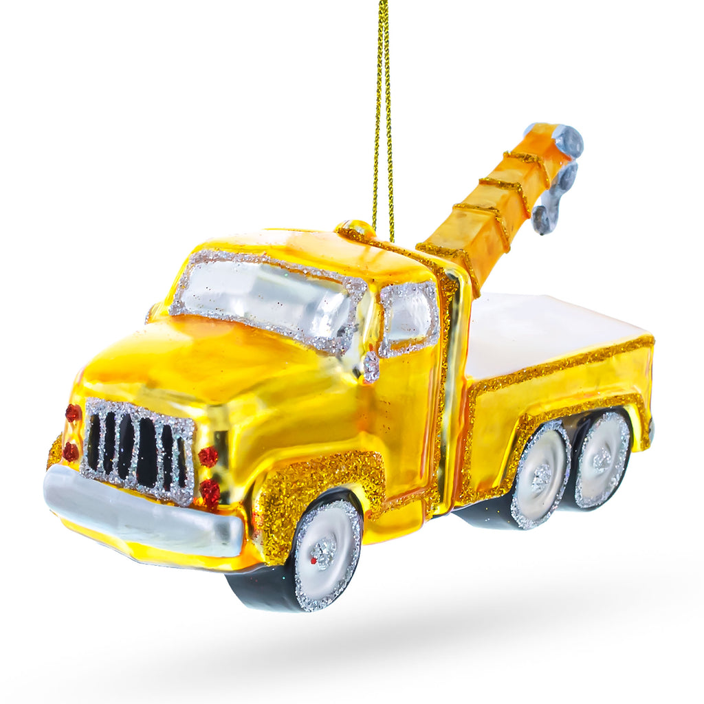 Glass Rescue Tow Truck - Blown Glass Christmas Ornament in Yellow color