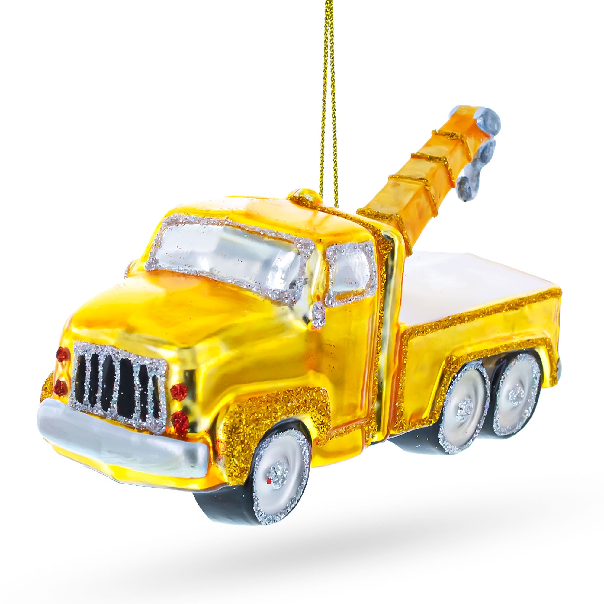 Rescue Tow Truck Blown Glass Christmas Ornament in Yellow color Figurine