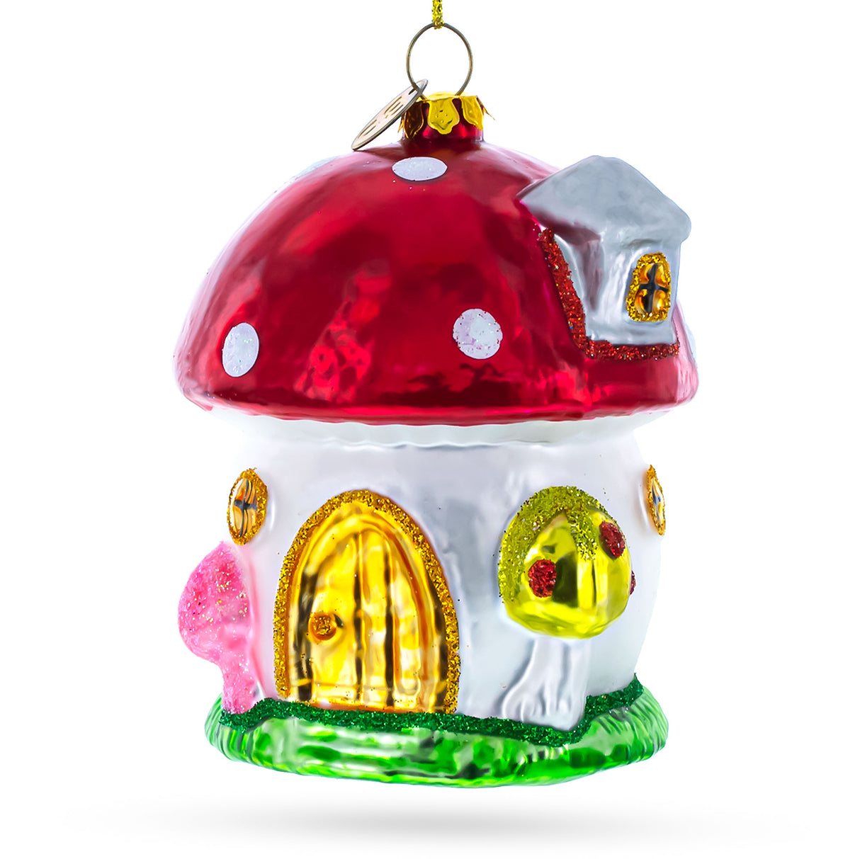 Whimsical Fairy Tale Mushroom House - Blown Glass Christmas Ornament in Multi color,  shape