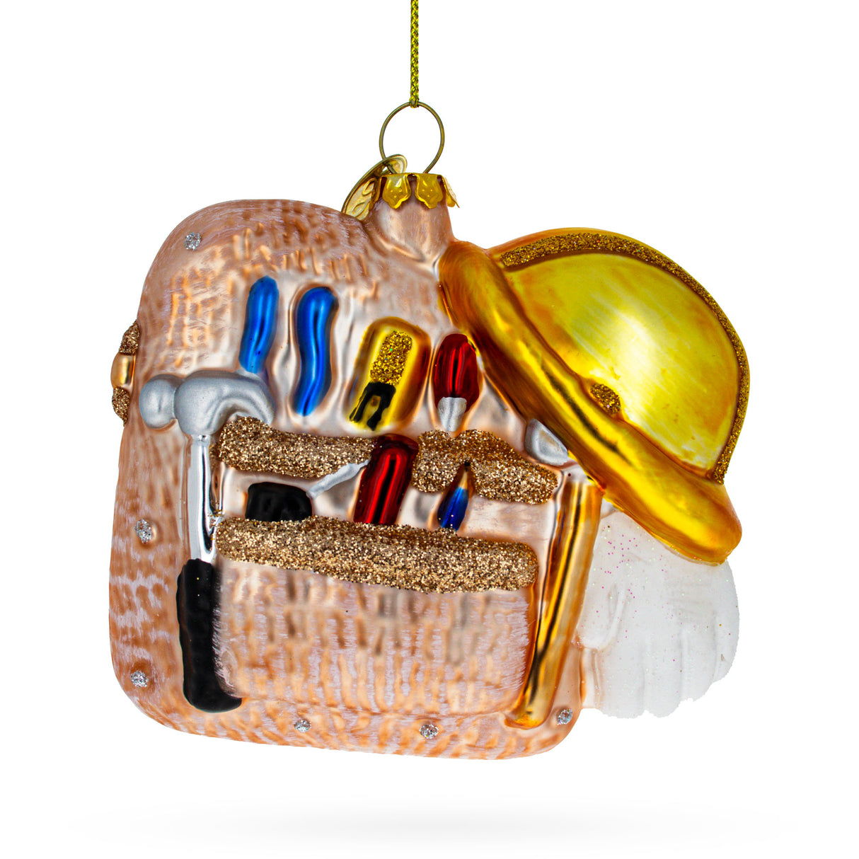 Hardworking Construction Worker Toolbox - Blown Glass Christmas Ornament in Multi color,  shape
