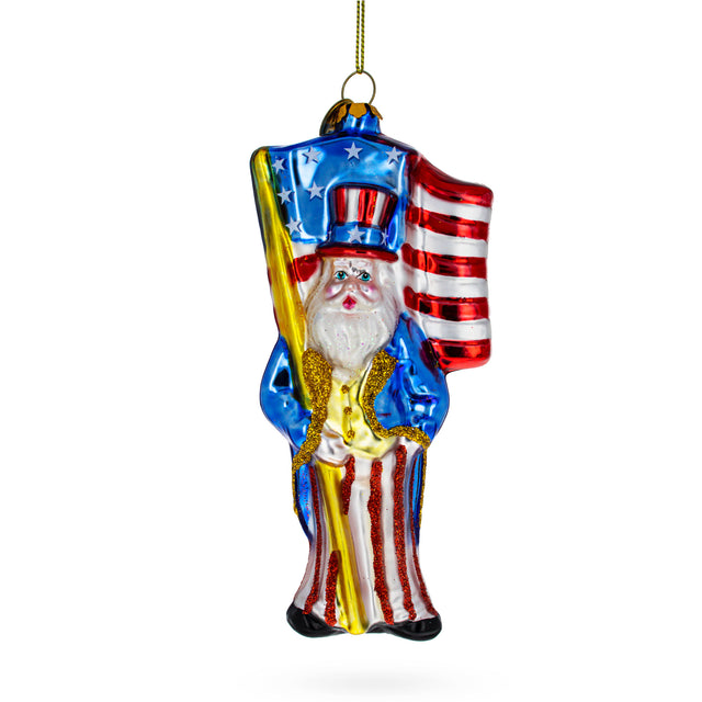 Patriotic Santa Carrying American Flag - Blown Glass Christmas Ornament in Multi color,  shape