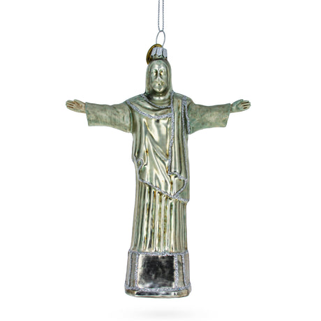 Regenerate Legendary Christ the Redeemer, Rio De Janeiro, Brazil - Blown Glass Christmas Ornament in Silver color,  shape
