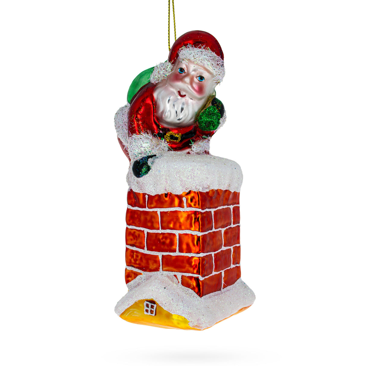 Glass Santa Climbing Chimney - Festive Blown Glass Christmas Ornament in Red color