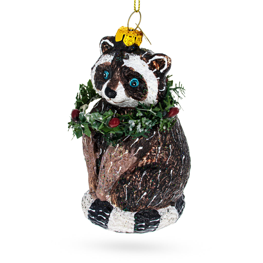 Cheerful Racoon with Wreath Blown Glass Christmas Ornament in Black color Figurine