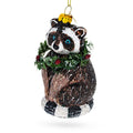 Racoon with Wreath Glass Christmas Ornament in Black color Figurine