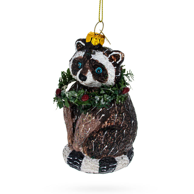 Cheerful Racoon with Wreath - Blown Glass Christmas Ornament in Black color,  shape