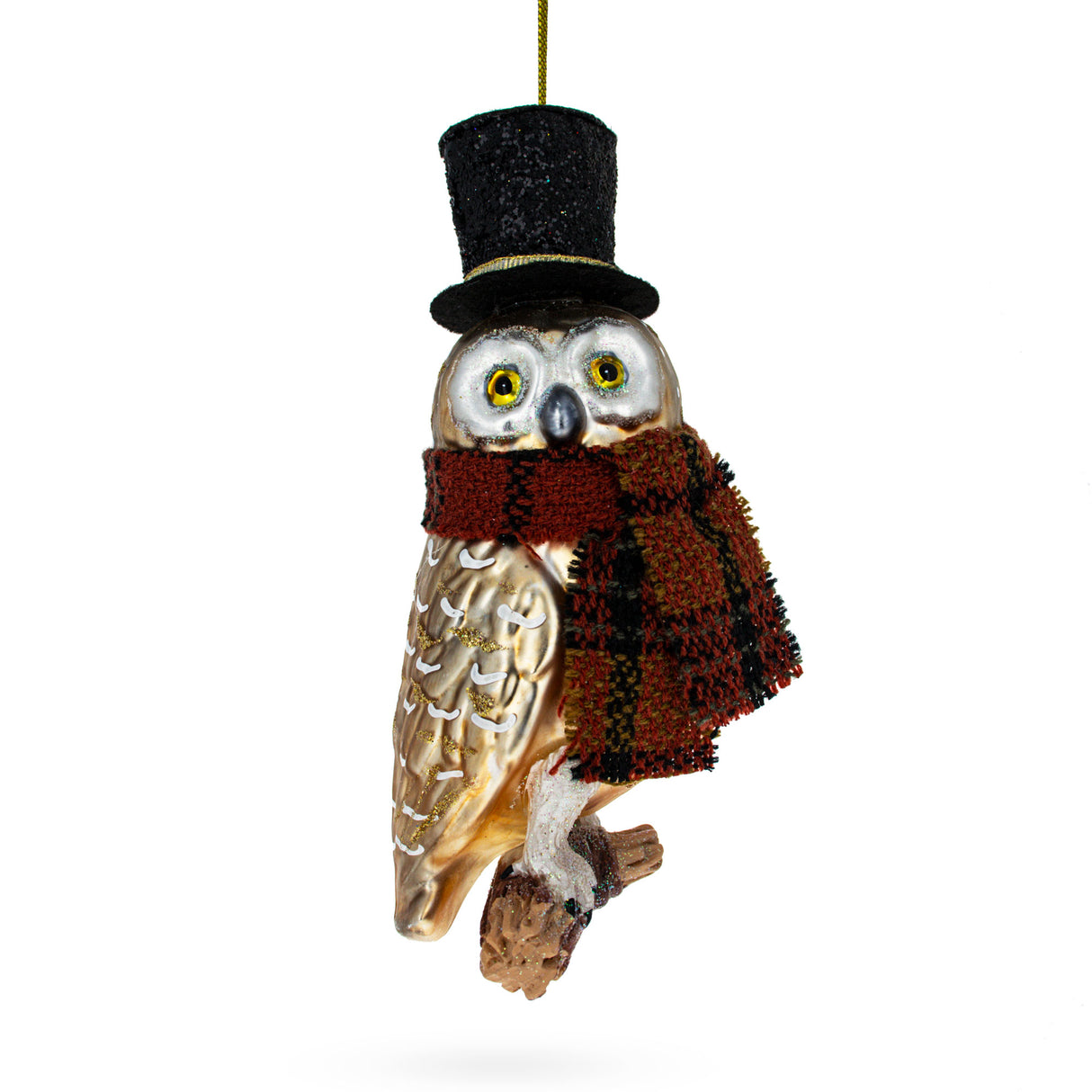 Stylish Owl in Black Hat and Scarf - Blown Glass Christmas Ornament in Brown color,  shape