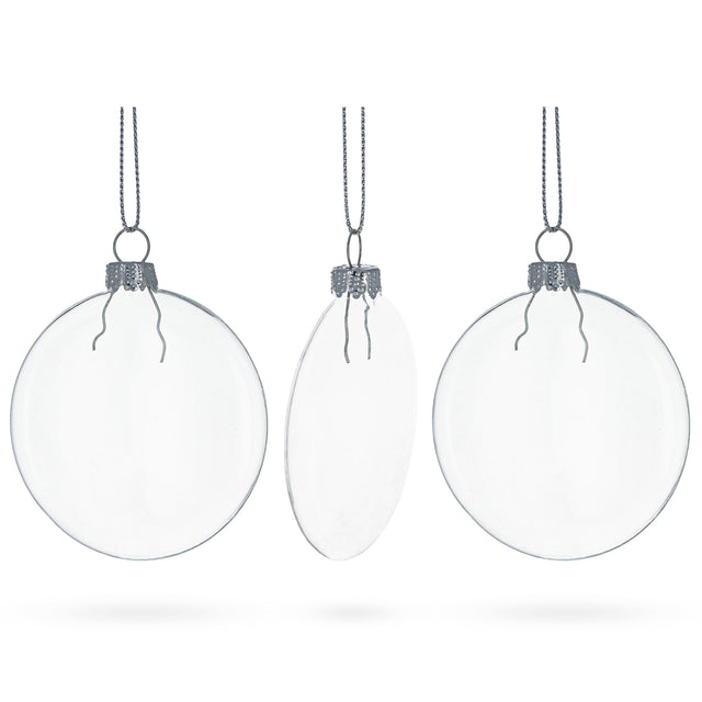 Set of 3 Flat Disc Clear - Blown Glass Christmas Ornaments 3.7 Inches (94 mm) in Clear color, Round shape