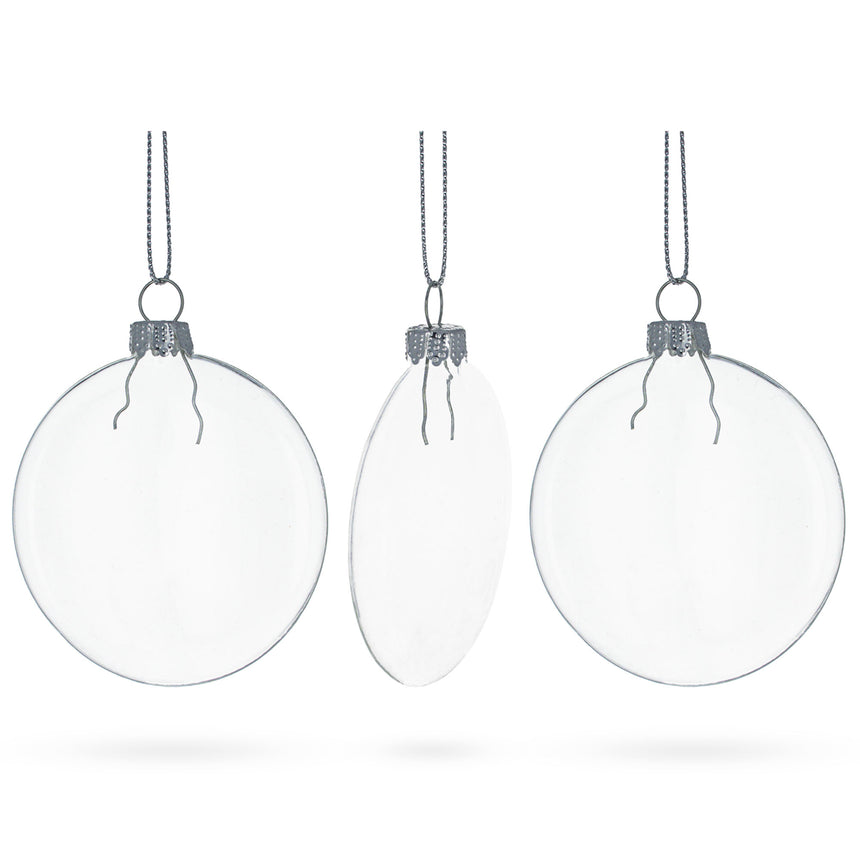 Set of 3 Flat Disc Clear Blown Glass Christmas Ornaments 2.85 Inches (73 mm) in Clear color Disc