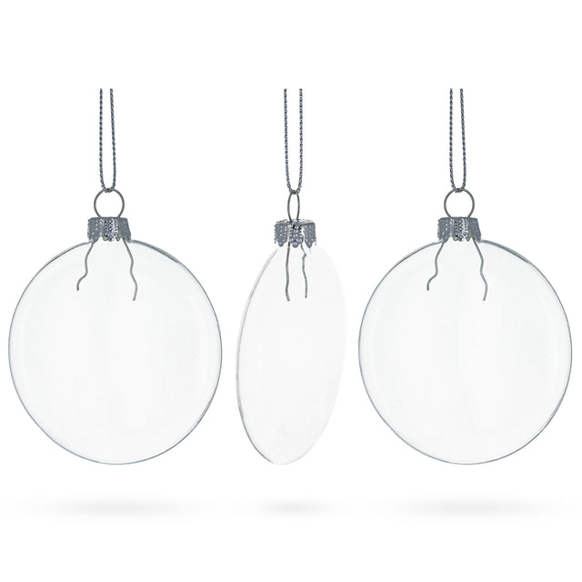 Set of 3 Flat Disc Clear Blown Glass Christmas Ornaments 3.7 Inches (94 mm) in Clear color Disc