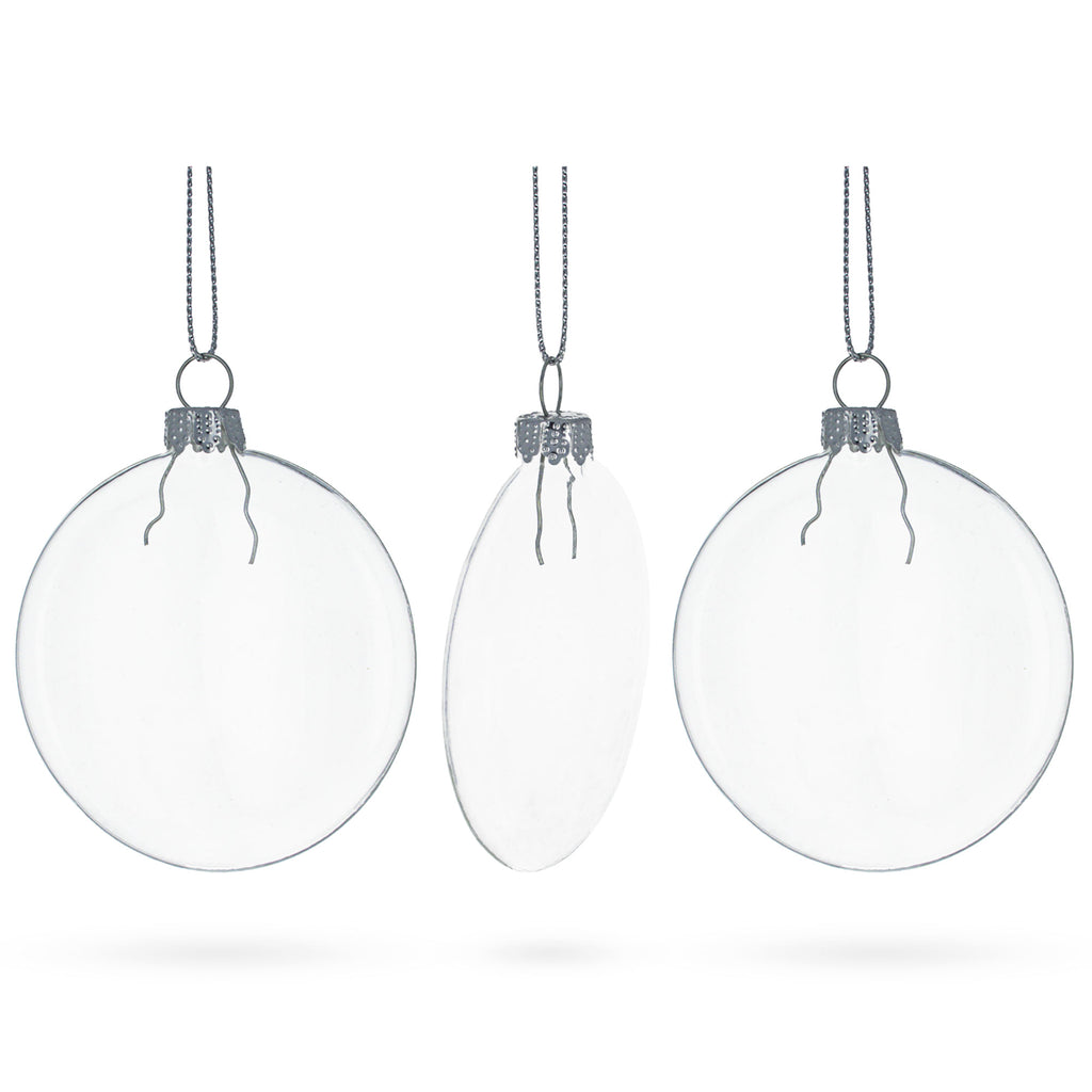 Set of 3 Flat Disc Clear Glass Christmas Ornaments 3.7 Inches (94 mm) in Clear color Disc