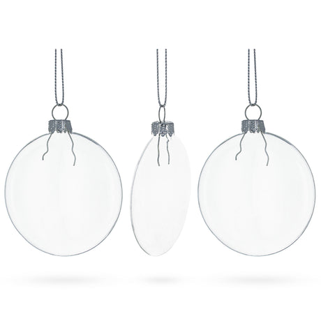Set of 3 Flat Disc Clear Blown Glass Christmas Ornaments 3.7 Inches (94 mm) in Clear color Disc