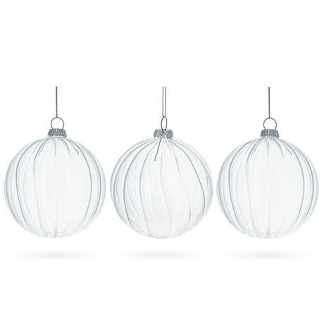 Elegant Set of 3 Striped Clear - Blown Glass Ball Christmas Ornaments 3.5 Inches in Clear color, Round shape