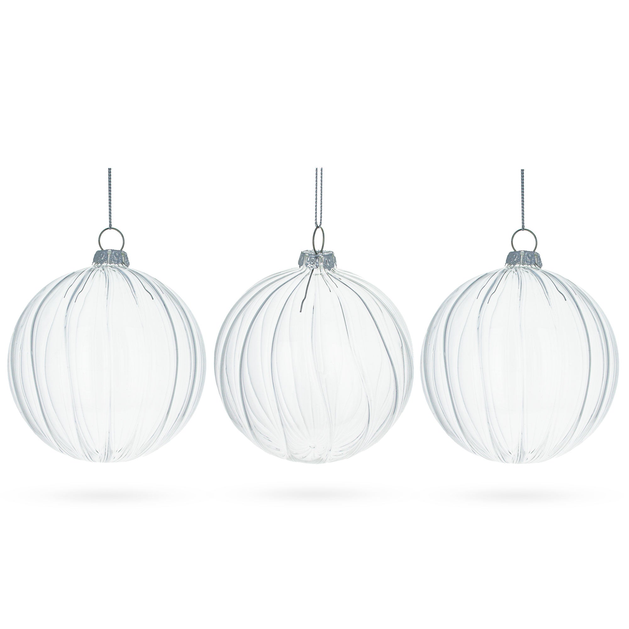 Elegant Set of 3 Striped Clear Blown Glass Ball Christmas Ornaments 3.5 Inches in Clear color Round