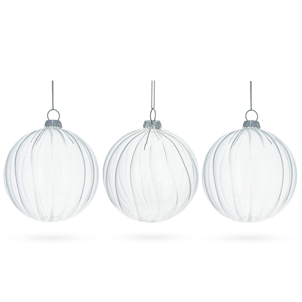 Elegant Set of 3 Striped Clear - Blown Glass Ball Christmas Ornaments 3.5 Inches by BestPysanky