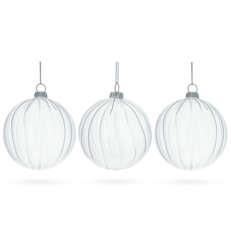 Elegant Set of 3 Striped Clear - Blown Glass Ball Christmas Ornaments 3.5 Inches by BestPysanky