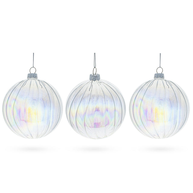 Stunning Set of 3 Iridescent Clear - Blown Glass Ball Christmas Ornaments 3.6 Inches in Clear color, Round shape