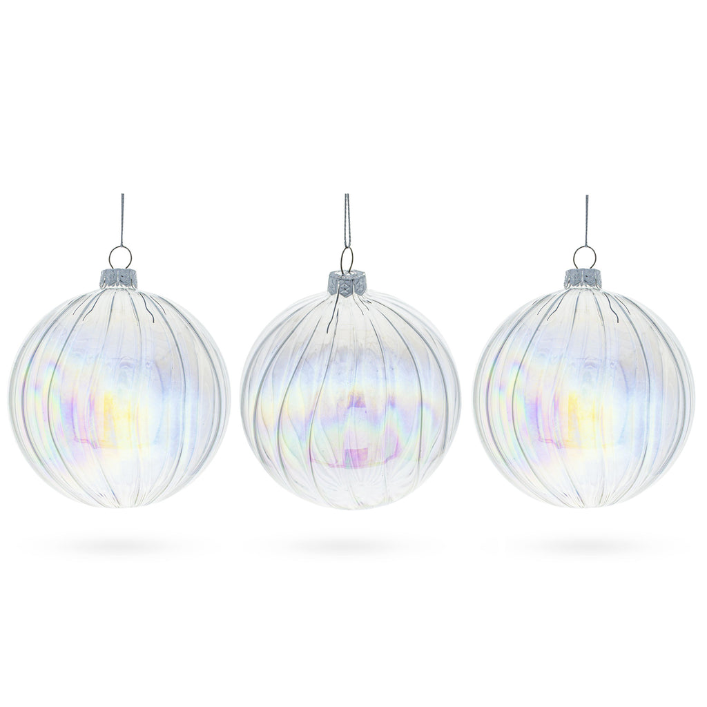 Set of 3 Iridescent Clear Blown Glass Ball Christmas Ornaments 3.6 Inches in Clear color Round