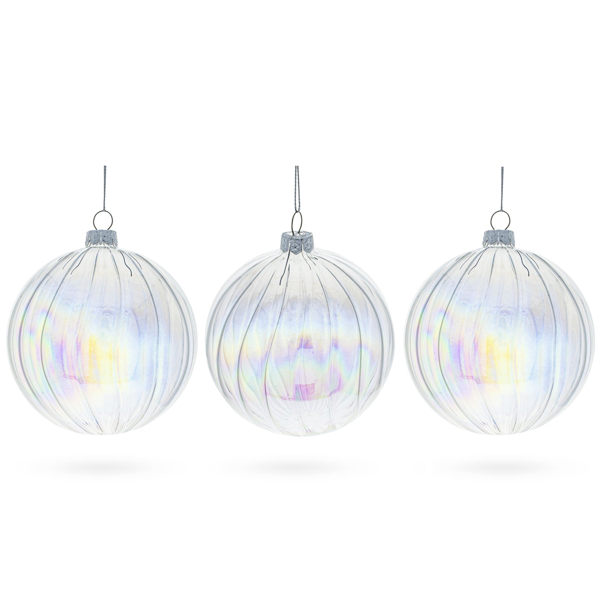 Set of 3 Iridescent Clear Blown Glass Ball Christmas Ornaments 3.6 Inches in Clear color Round