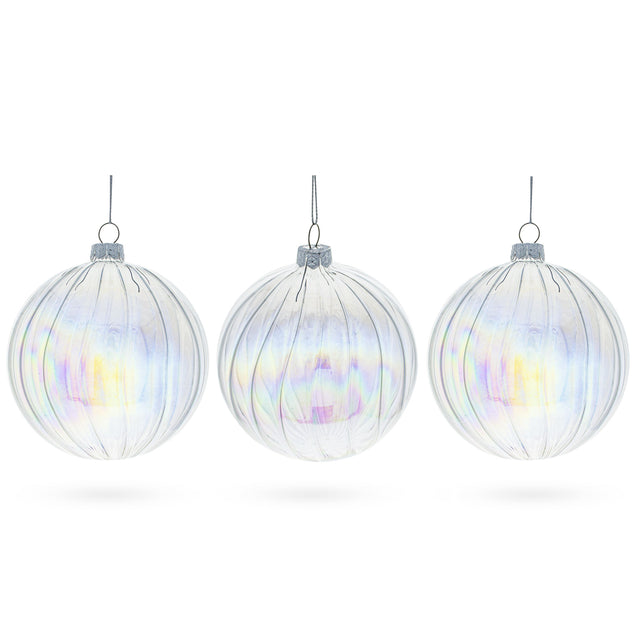 Set of 3 Iridescent Clear Blown Glass Ball Christmas Ornaments 3.6 Inches in Clear color Round