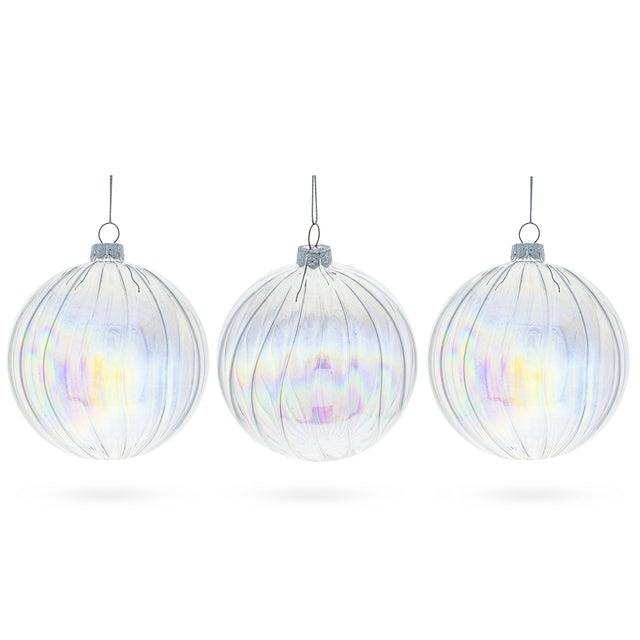 Glass Stunning Set of 3 Iridescent Clear - Blown Glass Ball Christmas Ornaments 3.6 Inches in Clear color Round