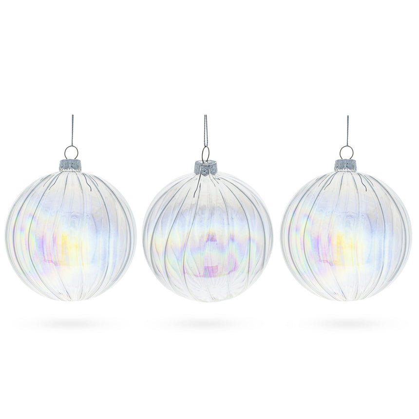 Set of 3 Iridescent Clear Blown Glass Ball Christmas Ornaments 3.6 Inches in Clear color Round