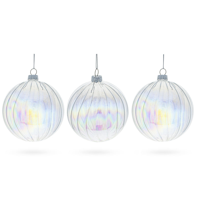Stunning Set of 3 Iridescent Clear - Blown Glass Ball Christmas Ornaments 3.6 Inches in Clear color, Round shape