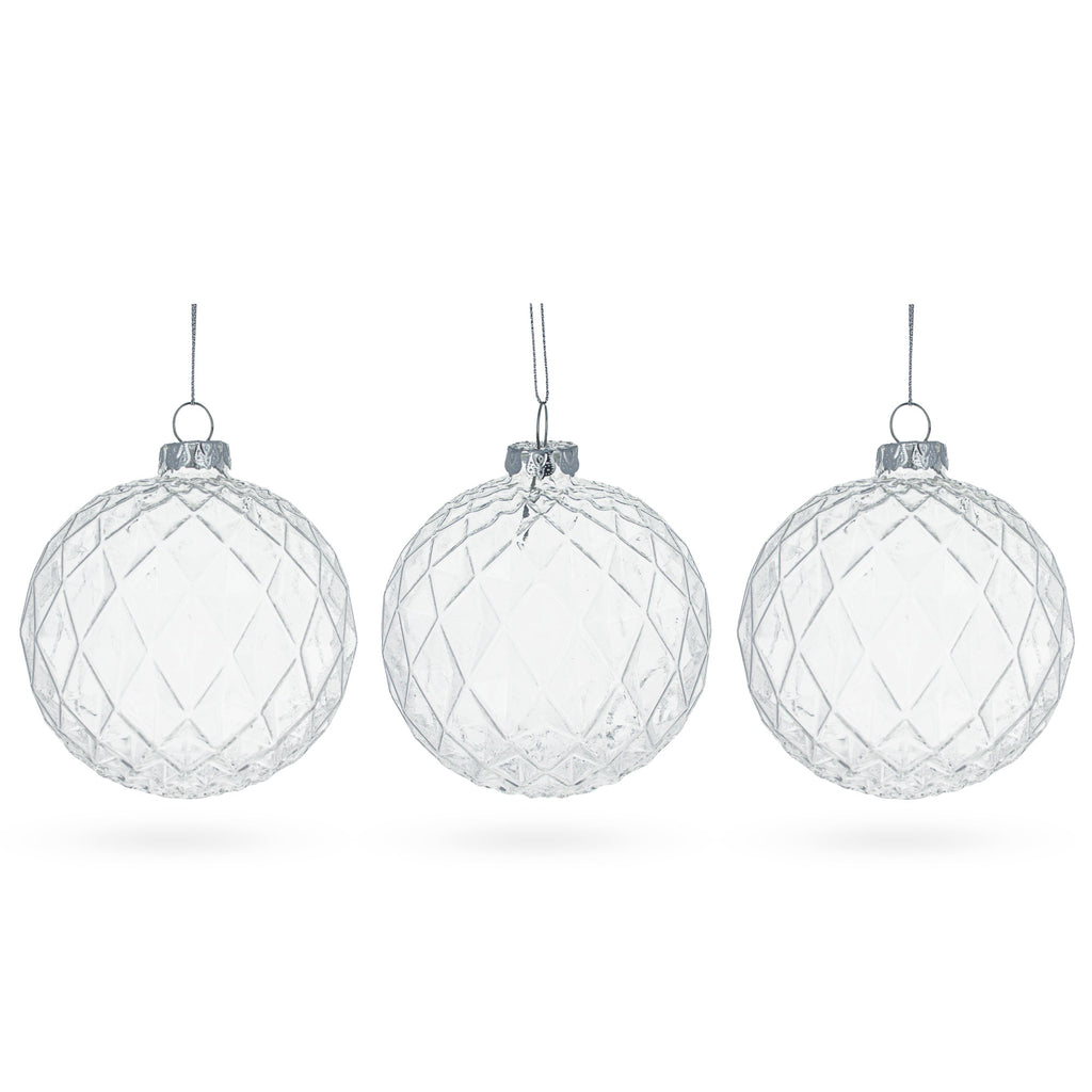 Elegant Trio of Ribbed Clear - Blown Glass Ball Christmas Ornaments 3.5 Inches in Clear color, Round shape