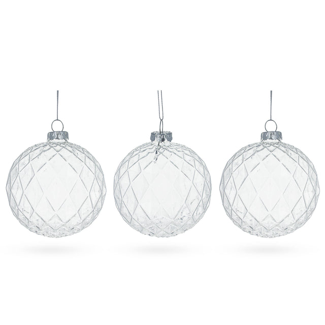 Glass Elegant Trio of Ribbed Clear - Blown Glass Ball Christmas Ornaments 3.5 Inches in Clear color Round
