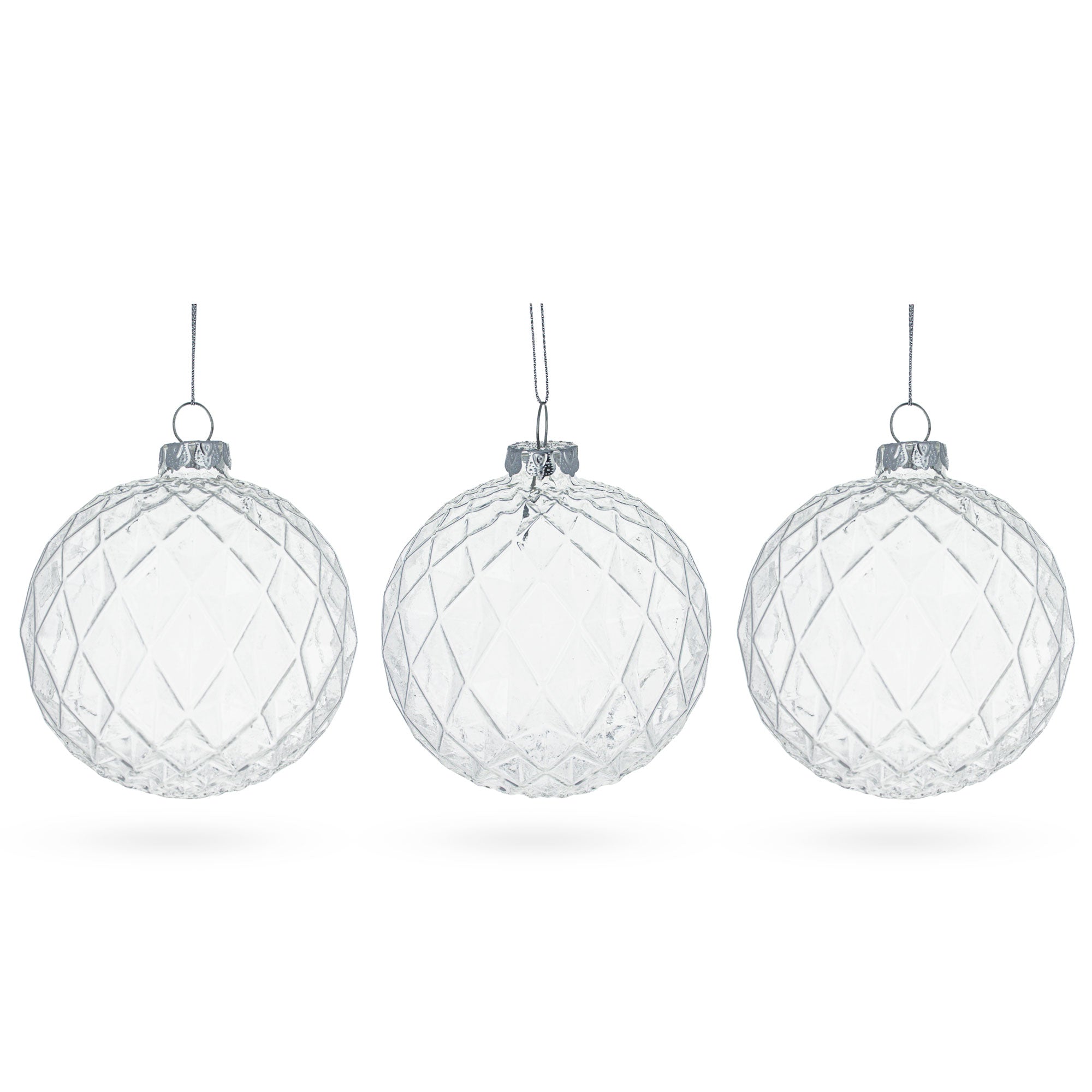 Set of 3 Ribbed Clear Glass Ball Christmas Ornaments 3.5 Inches in Clear color Round