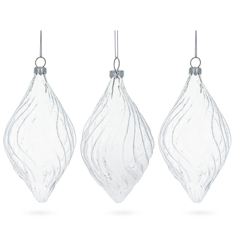 Glass Elegant Set of 3 Curvy Striped Rhombus Finial Clear - Blown Glass Christmas Ornaments 5.8 Inches in Clear color Rhombus