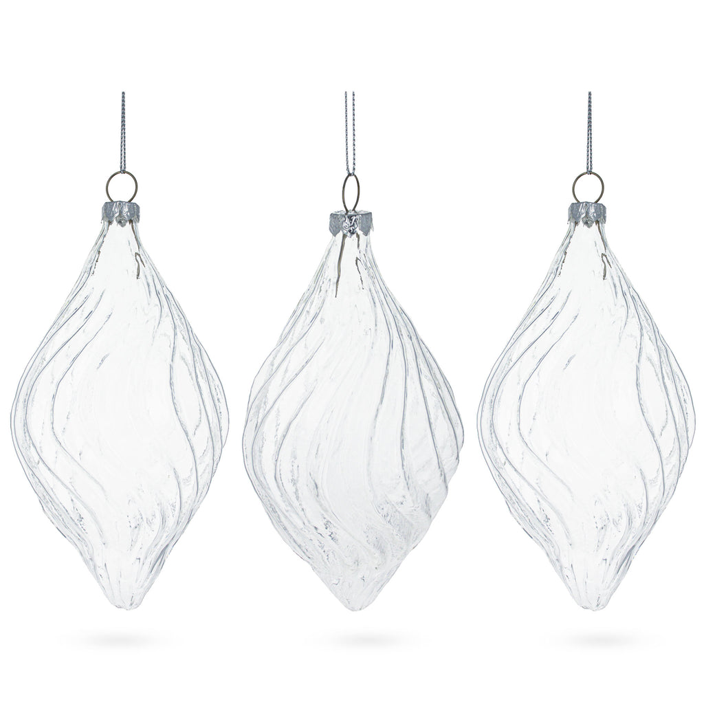 Set of 3 Clear Glass Swirl Christmas Ornaments 5.8 Inches in Clear color Finial