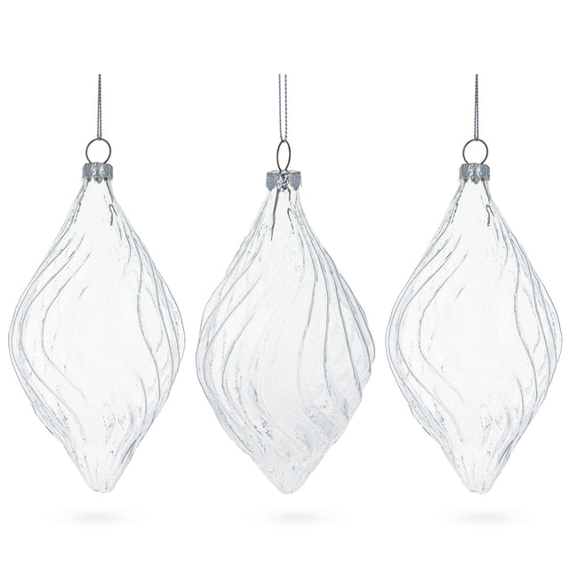 Glass Elegant Set of 3 Curvy Striped Rhombus Finial Clear - Blown Glass Christmas Ornaments 5.8 Inches in Clear color Rhombus