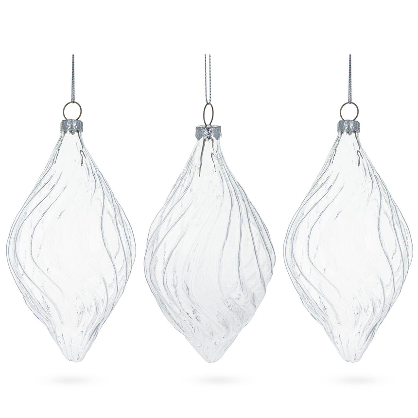 Set of 3 Clear Glass Swirl Christmas Ornaments 5.8 Inches in Clear color Rhombus