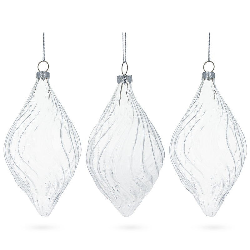 Elegant Set of 3 Curvy Striped Rhombus Finial Clear - Blown Glass Christmas Ornaments 5.8 Inches in Clear color, Rhombus shape