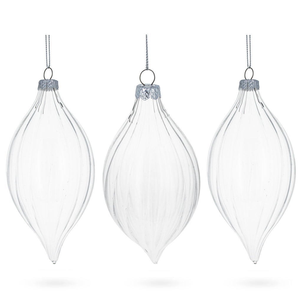 Glass Set of 3 Striped Rhombus Finial Clear - Blown Glass Ornament 5.8 Inches in Clear color Rhombus