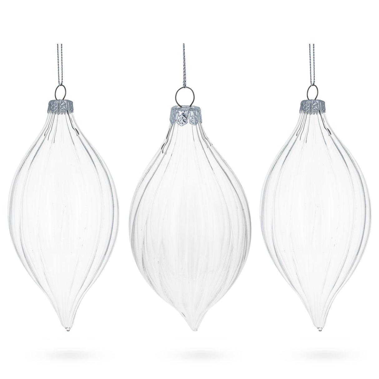 Set of 3 Striped Rhombus Finial Clear - Blown Glass Ornament 5.8 Inches in Clear color, Rhombus shape