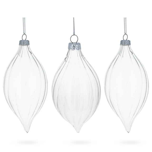 Set of 3 Striped Rhombus Finial Clear - Blown Glass Ornament 5.8 Inches in Clear color, Rhombus shape