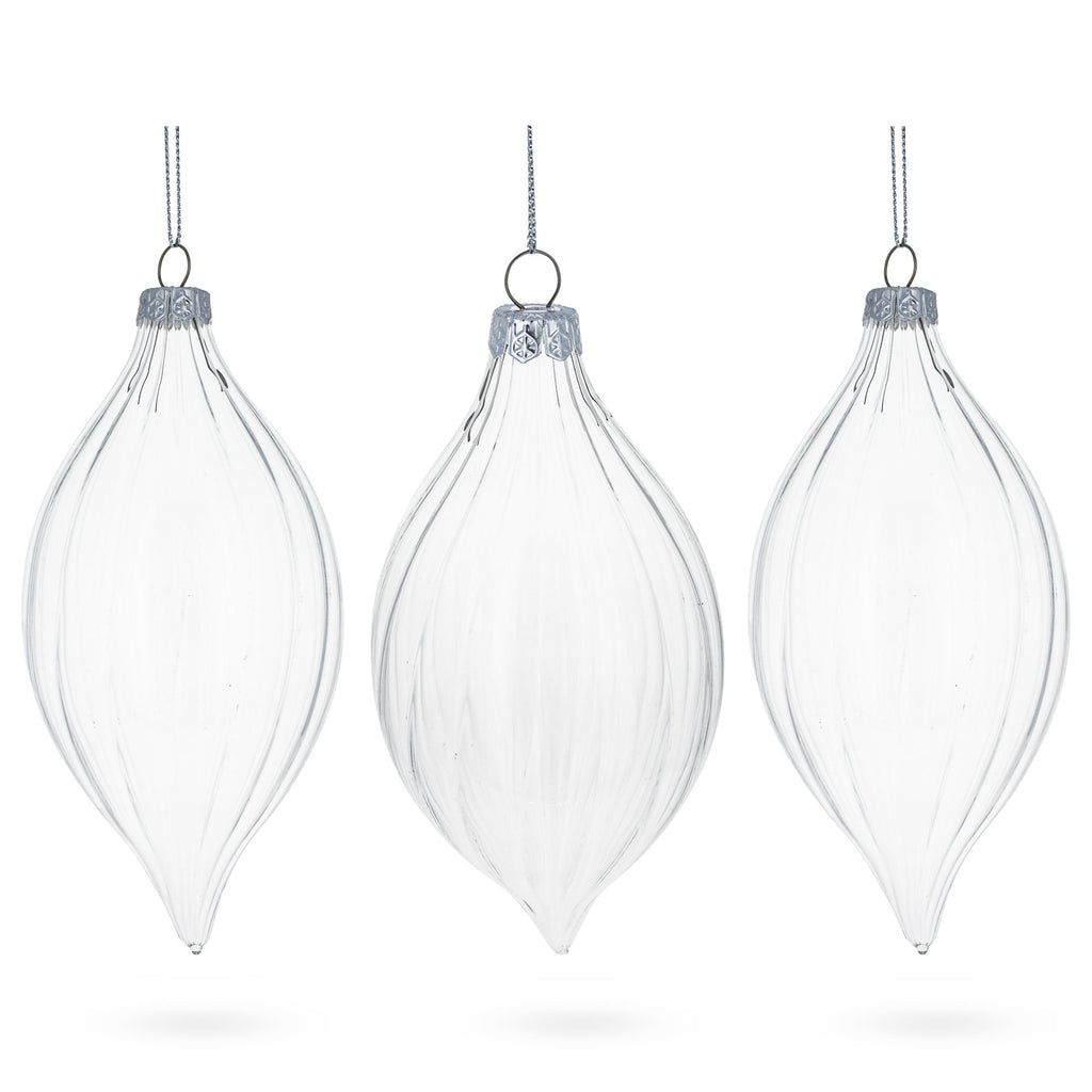 Set of 3 Striped Rhombus Finial Clear Blown Glass Ornament 5.8 Inches in Clear color Finial