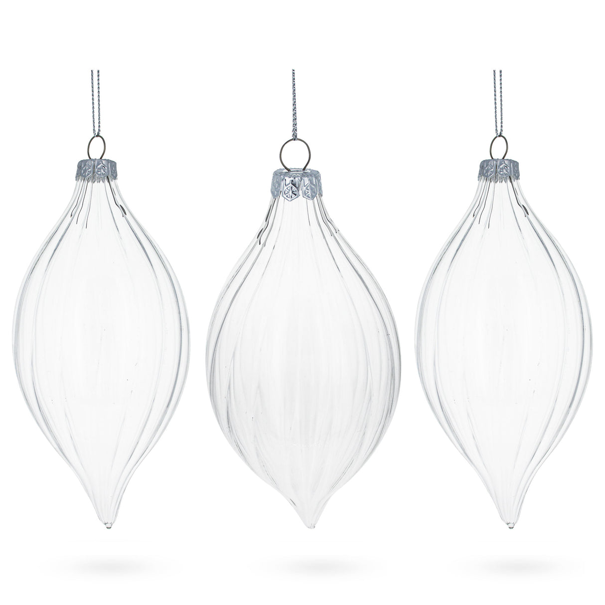 Glass Set of 3 Striped Rhombus Finial Clear - Blown Glass Ornament 5.8 Inches in Clear color Rhombus